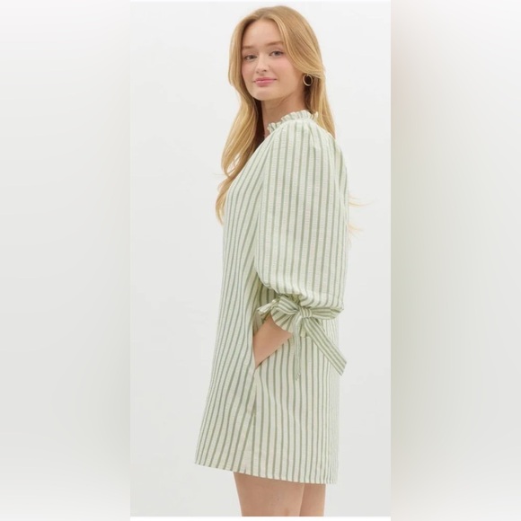 Entro Green Striped V-Neck Shift Dress - Picture 4 of 10